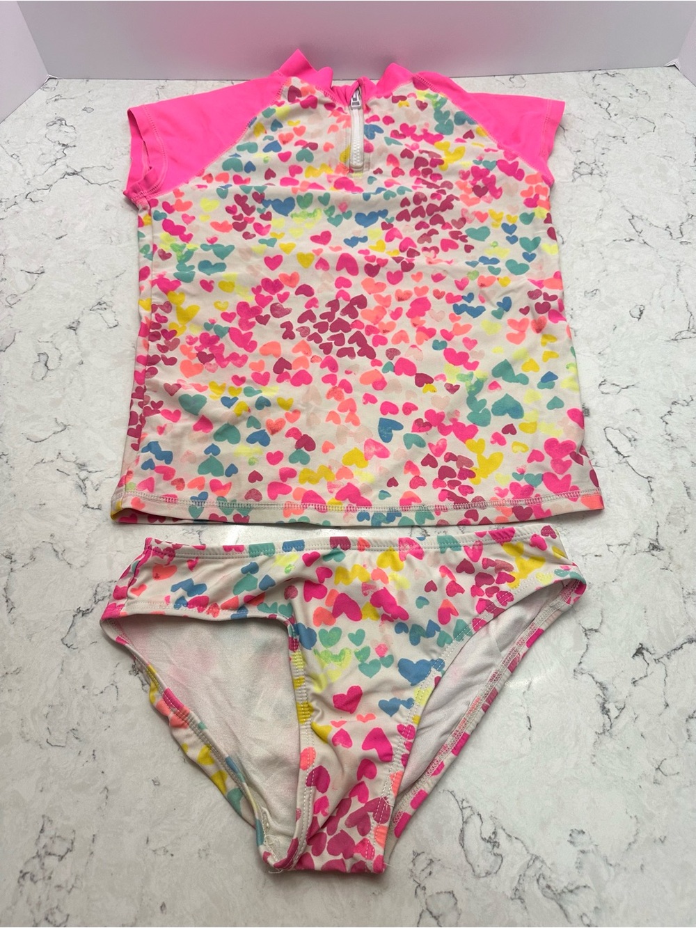 Children's Place Girls Rash Guard Swimsuit Size 7/8 2-Piece Short Sleeve Hearts